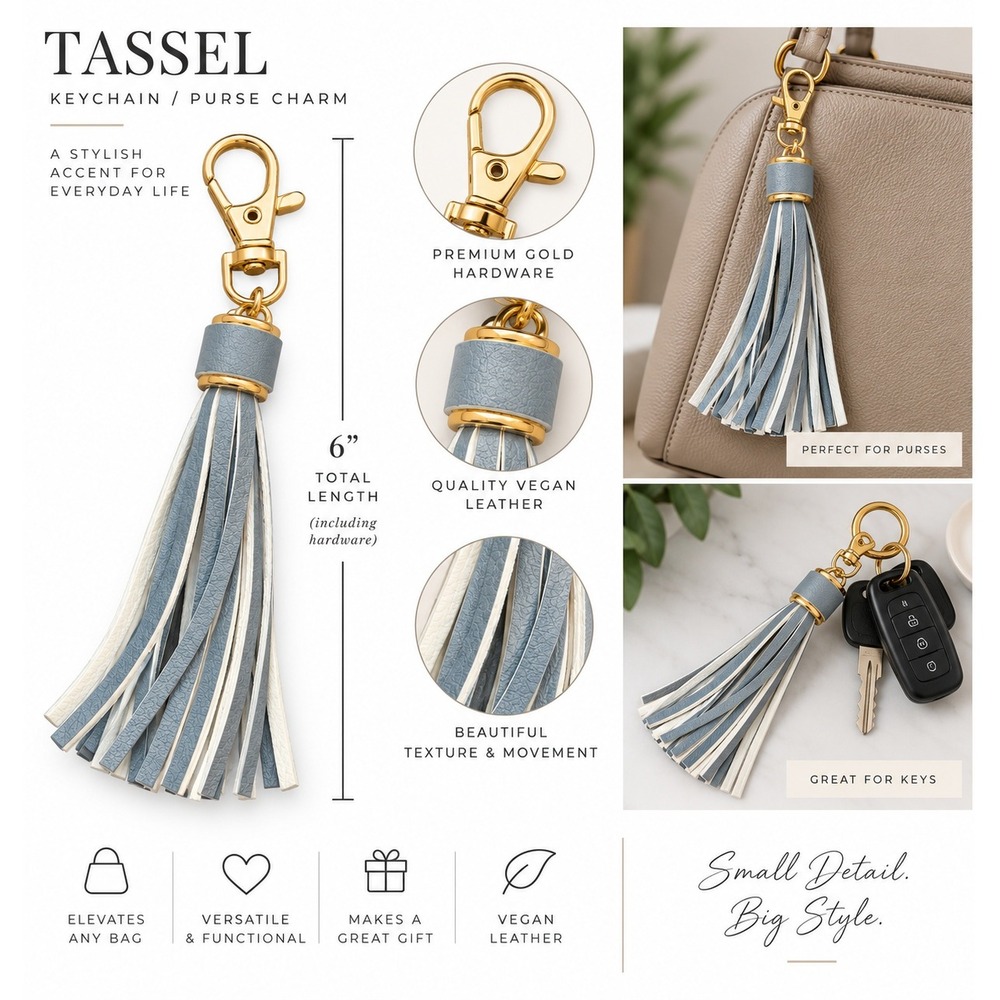 NEW Tassel Keychain Purse Charm OS Gray Vegan Leather Gold Tone